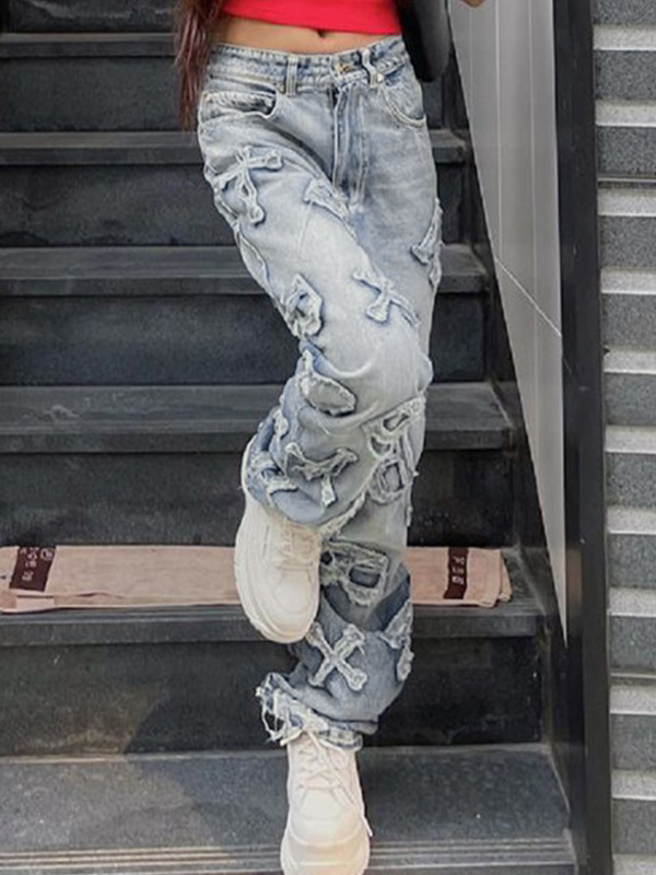 Letter Patch Faded Boyfriend Jeans-3