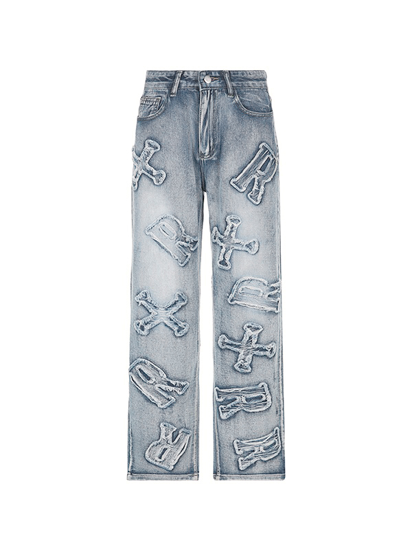 Letter Patch Faded Boyfriend Jeans-4