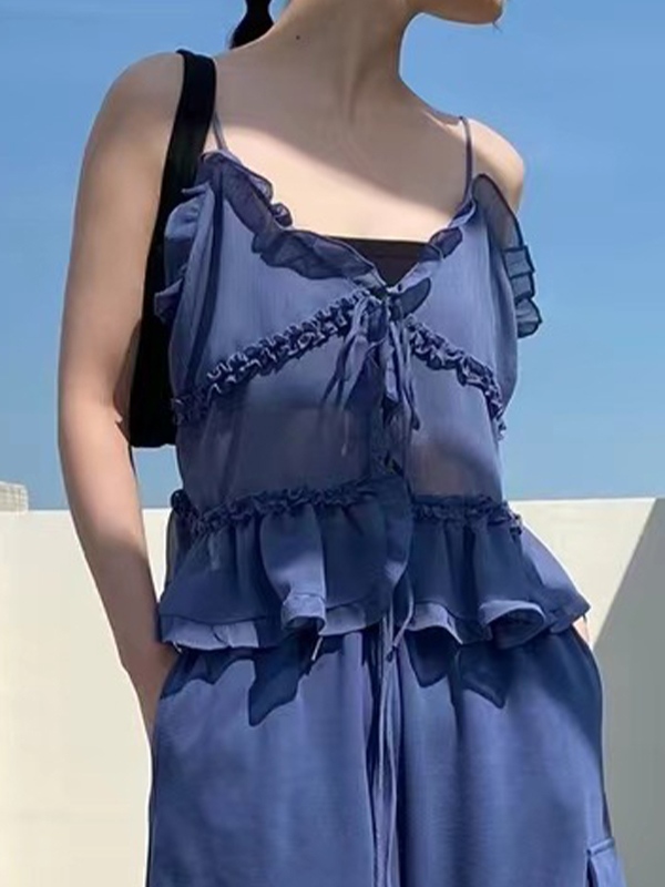 See Through Ruffled Trim Tie Up Cami Top-1