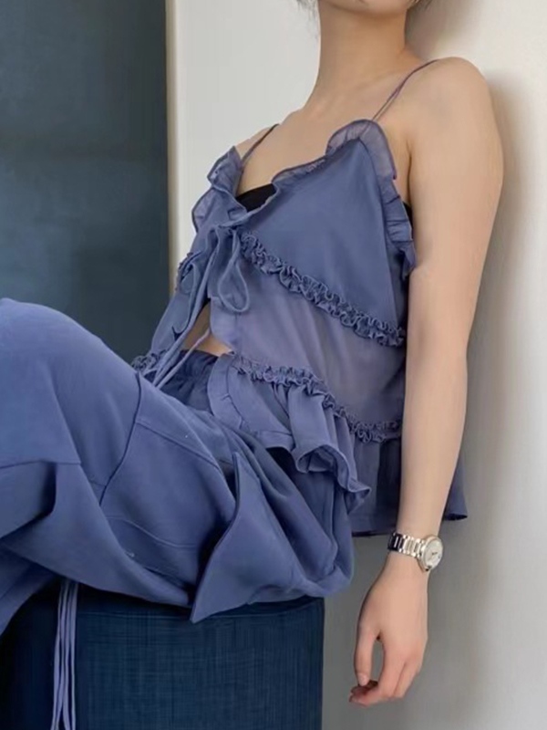 See Through Ruffled Trim Tie Up Cami Top-3