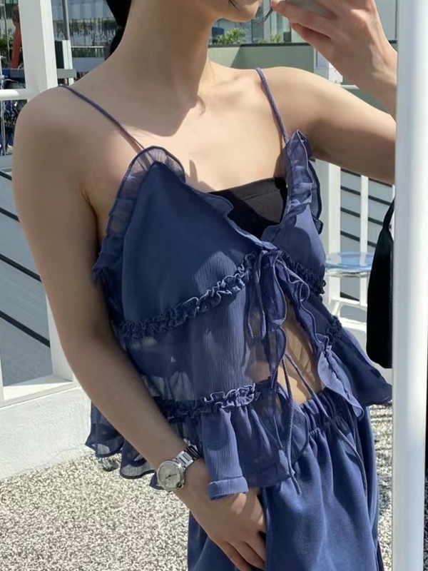 See Through Ruffled Trim Tie Up Cami Top-2