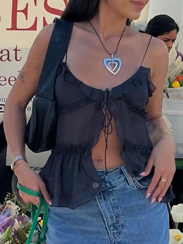 See Through Ruffled Trim Tie Up Cami Top-4